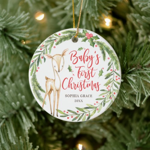 Holly Wreath Deer Babys First Christmas Photo Ceramic Ornament