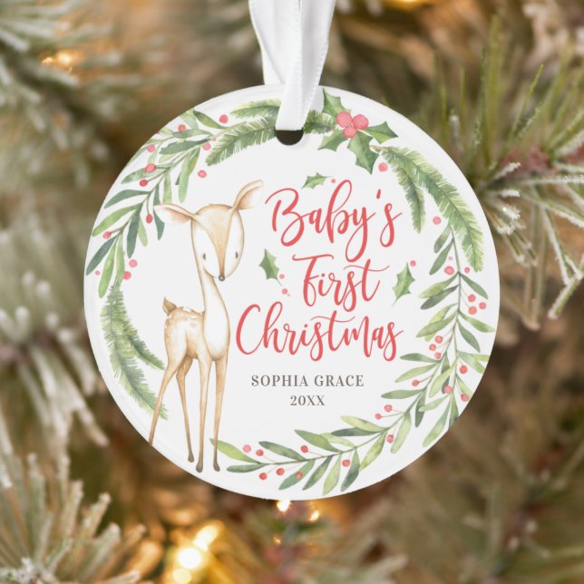 Holly Wreath Deer Baby's First Christmas Photo Ornament (Tree)