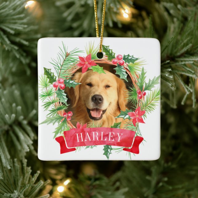 Holly Wreath Dog Photo Ceramic Ornament (Tree)