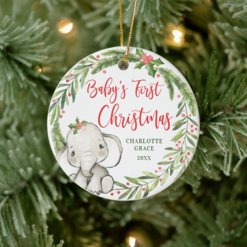Holly Wreath Elephant Babys First Christmas Photo Ceramic Ornament