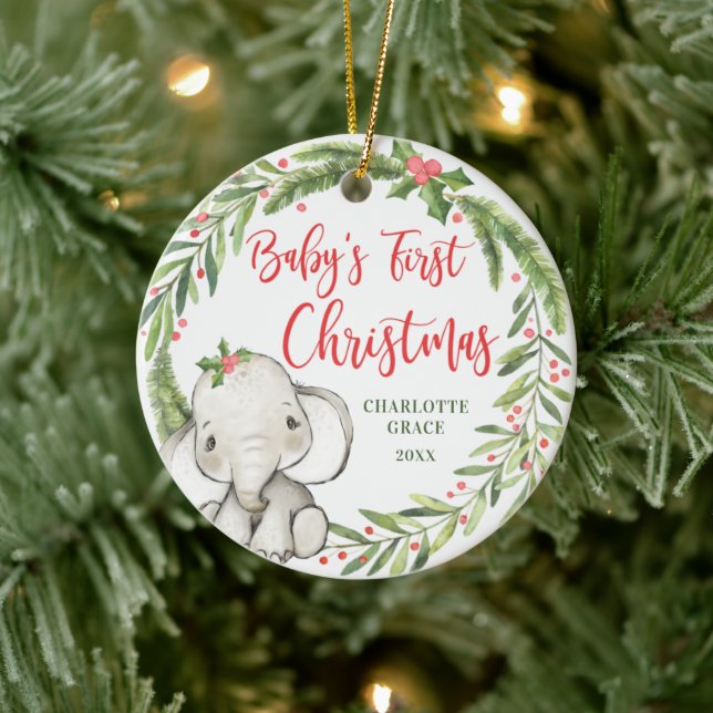 Holly Wreath Elephant Baby's First Christmas Photo Ceramic Ornament (Tree)
