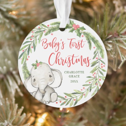 Holly Wreath Elephant Babys First Christmas Photo Ornament