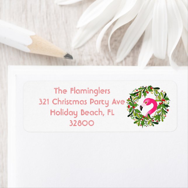 Holly Wreath Flamingo Tropical Beach Christmas  Label (Insitu)