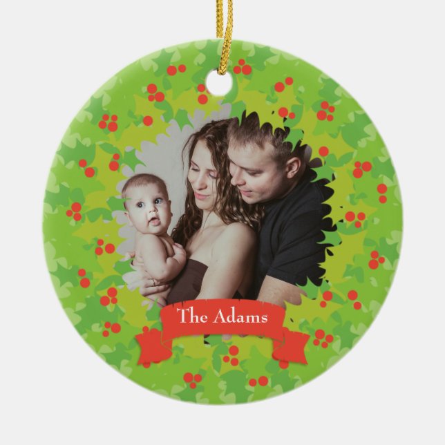 Holly Wreath Frame Holiday Photo Ornament (Front)