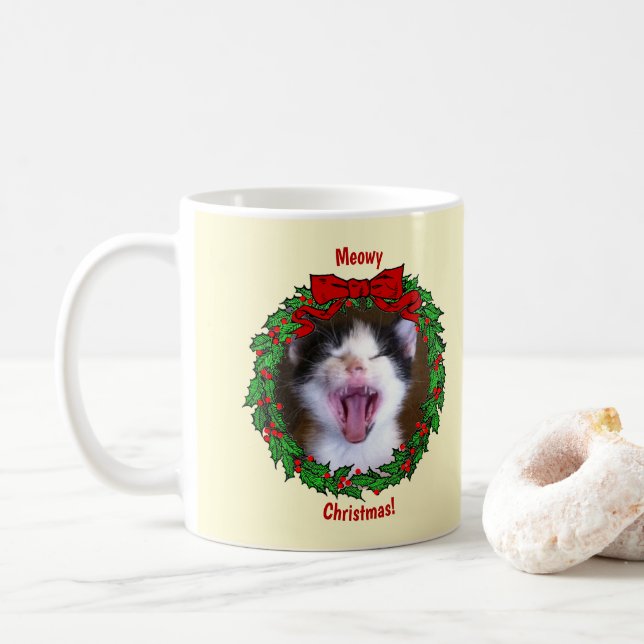 Holly Wreath Frame Meowy Christmas Add a Cat Photo Coffee Mug (With Donut)