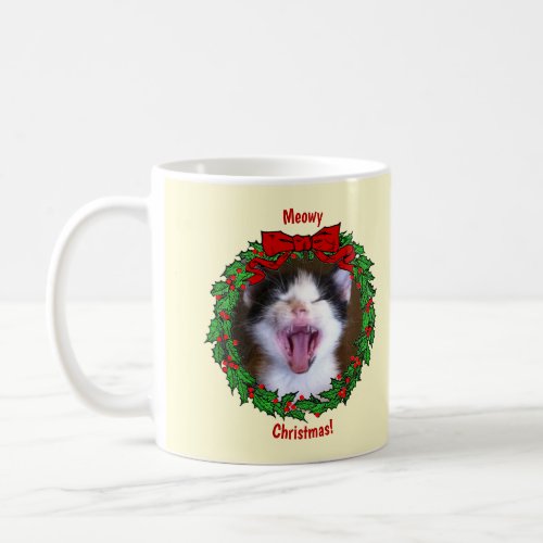 Holly Wreath Frame Meowy Christmas Add a Cat Photo Coffee Mug