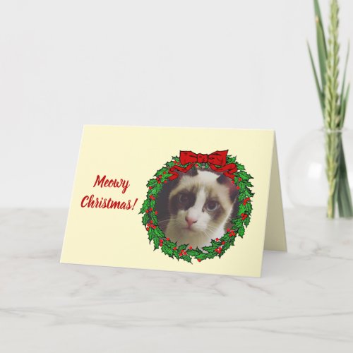 Holly Wreath Frame Meowy Christmas Add a Cat Photo Holiday Card