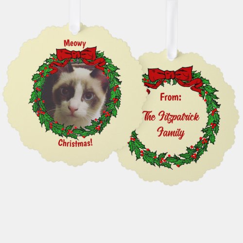 Holly Wreath Frame Meowy Christmas Add a Cat Photo Ornament Card