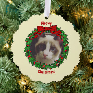 Holly Wreath Frame Meowy Christmas Add a Cat Photo Ornament Card