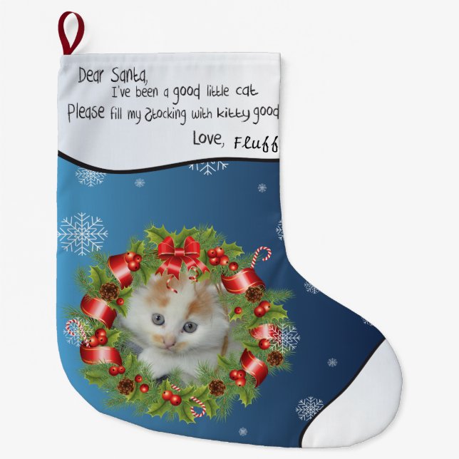 Holly Wreath Frame Personalize YOUR CAT PHOTO blue Large Christmas Stocking (Front)