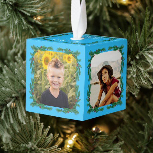 Holly Wreath Framed Cube Photo Ornament (Tree)