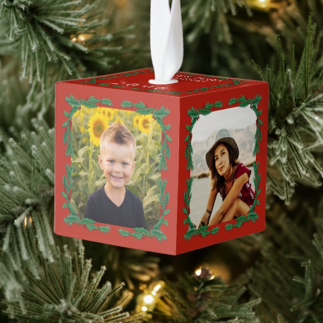 Holly Wreath Framed Cube Photo Ornament (Tree)
