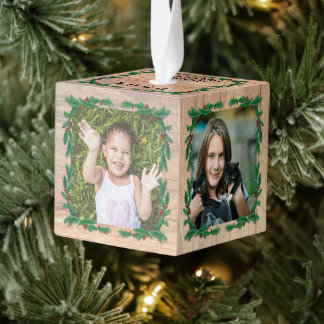 Holly Wreath Framed Wood Cube Photo Ornament