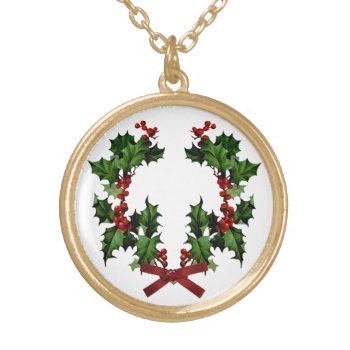 Holly Wreath Gold Plated Necklace by efhenneke at Zazzle