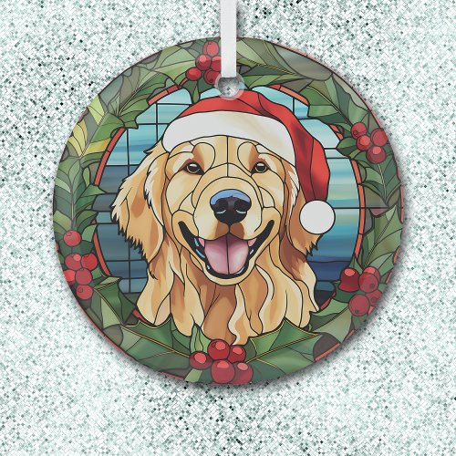 Holly Wreath Golden Retriever Dog Christmas Glass Ornament
