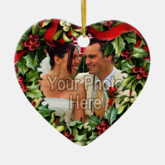 Holly Wreath Heart Photo Personalized Ornament (Front)