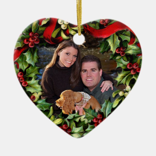 Holly Wreath Heart Photo Personalized Ornament (Front)