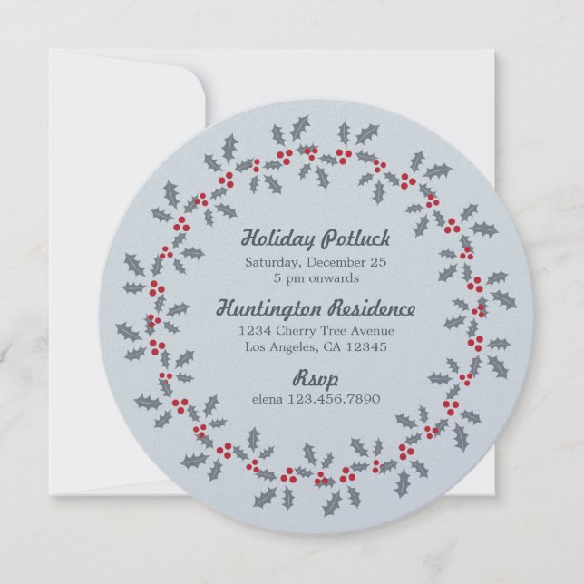 Holly Wreath Holiday Potluck Party Invitation Card (Front)