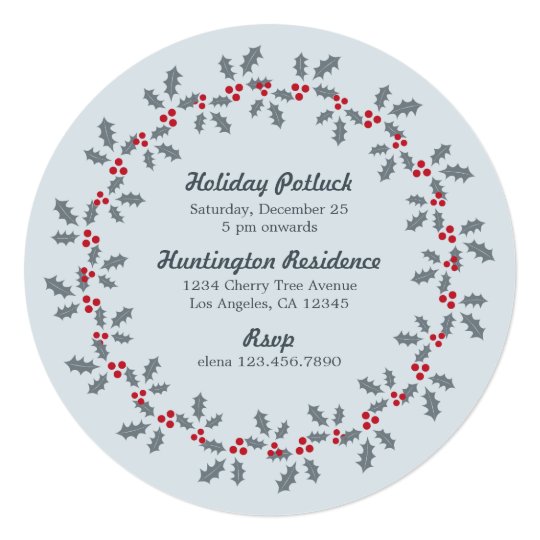 Holly Wreath Holiday Potluck Party Invitation Card