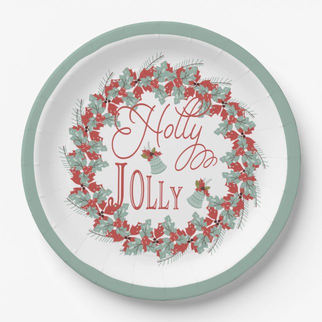 Holly Wreath "Holly Jolly" Christmas Holiday Bells Paper Plates (Front)