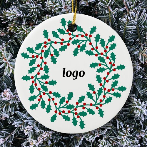 Holly Wreath Logo Business Ceramic Ornament