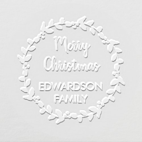 Holly wreath Merry Christmas script family name Embosser