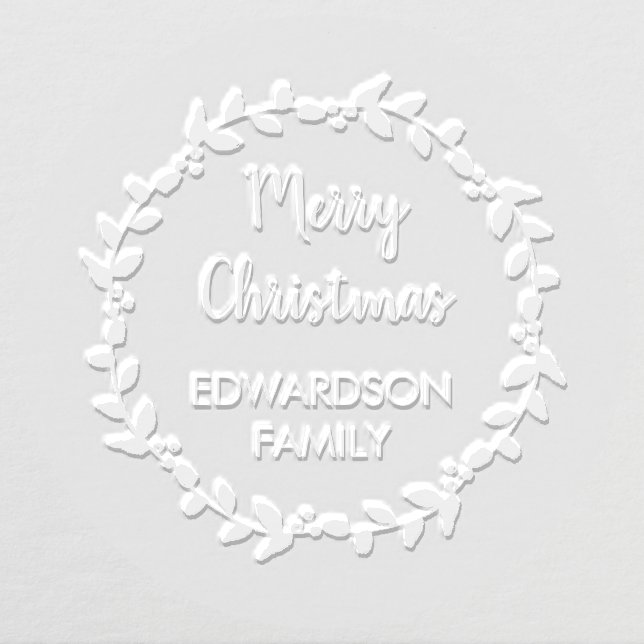 Holly wreath Merry Christmas script family name Embosser (Design)