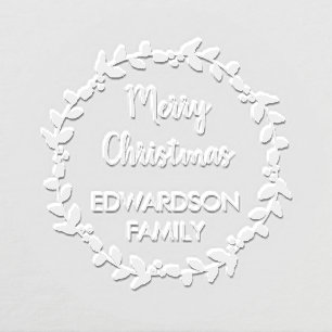 Holly wreath Merry Christmas script family name Embosser