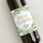 Holly Wreath Merry Christmas Wine Label<br><div class="desc">This holly wreath merry christmas wine label makes the perfect classic holiday gift. The design features a watercolor green wreath with red berries and an elegant faux gold glitter font. Personalize the label with your name. Please Note: This design does not feature real gold glitter. It is a high quality...</div>