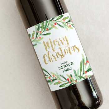 Holly Wreath Merry Christmas Wine Label by ChristmasPaperCo at Zazzle