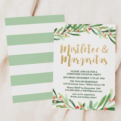 Holly Wreath Mistletoe  Margaritas Cocktail Party Invitation