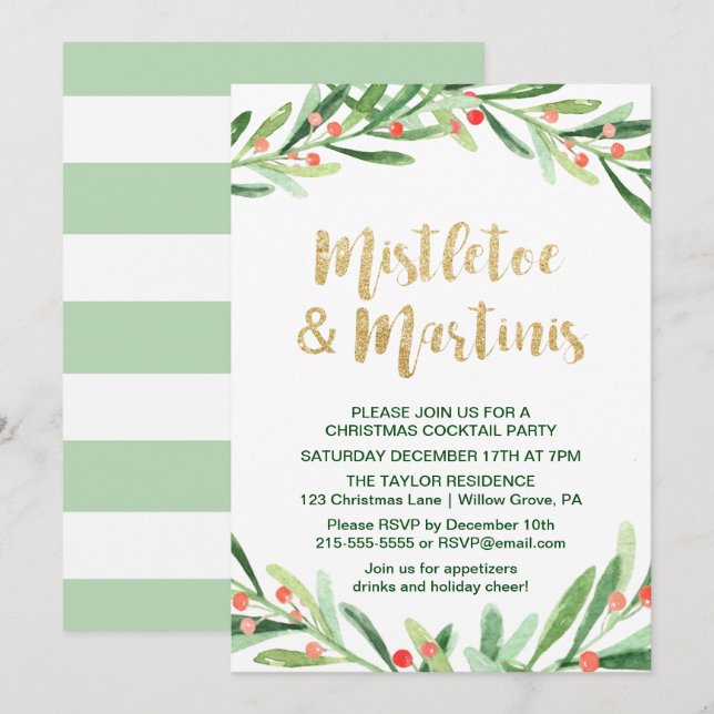 Holly Wreath Mistletoe & Martinis Cocktail Party Invitation (Front/Back)