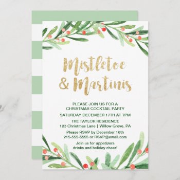 Holly Wreath Mistletoe & Martinis Cocktail Party Invitation by ChristmasPaperCo at Zazzle