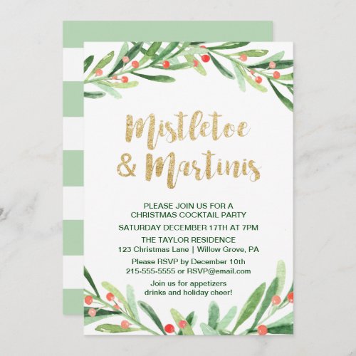 Holly Wreath Mistletoe  Martinis Cocktail Party Invitation