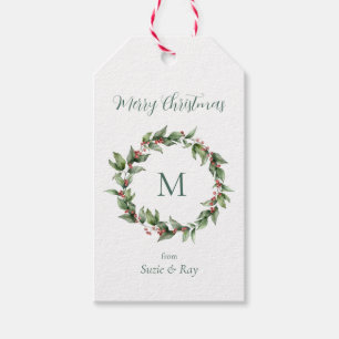 Holly Wreath Monogram Christmas Gift Tags