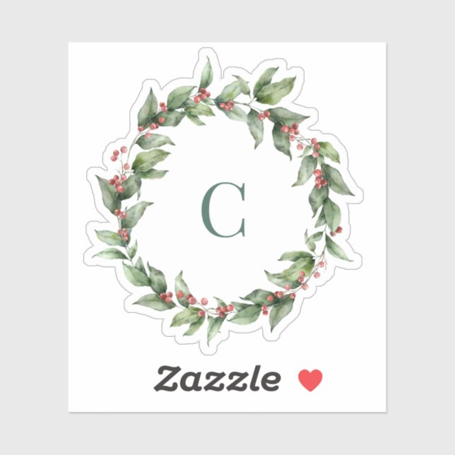 Holly Wreath Monogram Merry Christmas Sticker (Sheet)