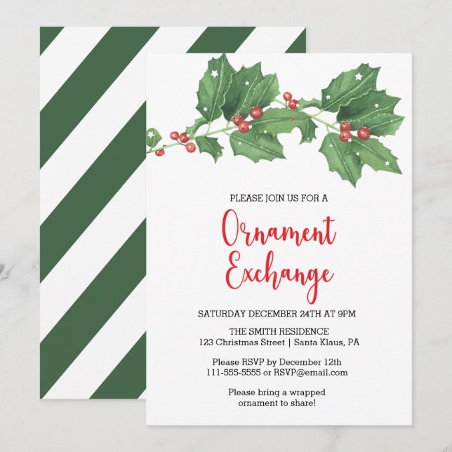 Holly Wreath Ornament Exchange Party  Invitation (Front/Back)