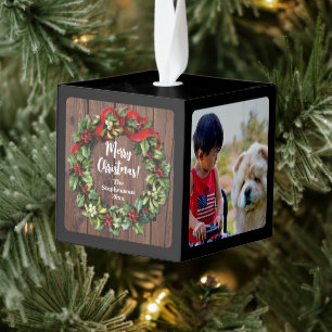Holly Wreath Personalized 3 Photo Collage Cube Ornament