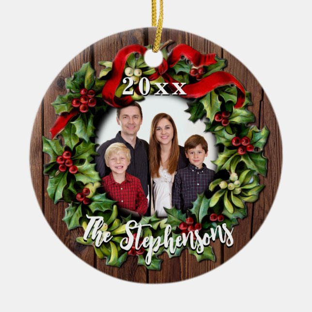 Holly Wreath Personalized Family Photo Keepsake Ceramic Ornament (Front)