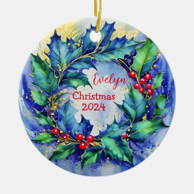 Holly Wreath Personalized Ornament (Front)