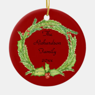 Holly Wreath Personalized (Photo on back) Ceramic Ornament