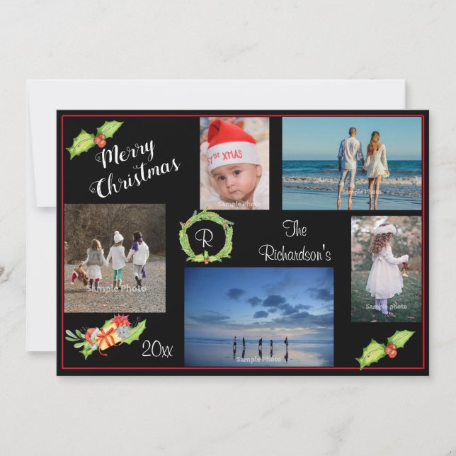 Holly Wreath Photo Elegant Holiday Greeting Card (Front)