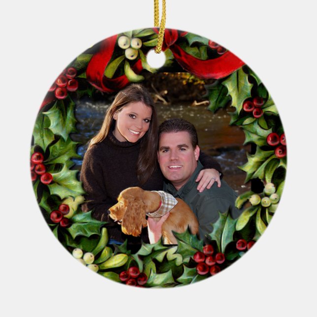 Holly Wreath Photo Personalized Ornament (Front)