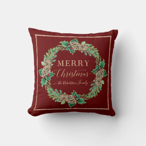 Holly Wreath Rose Gold Typography Merry Christmas Throw Pillow