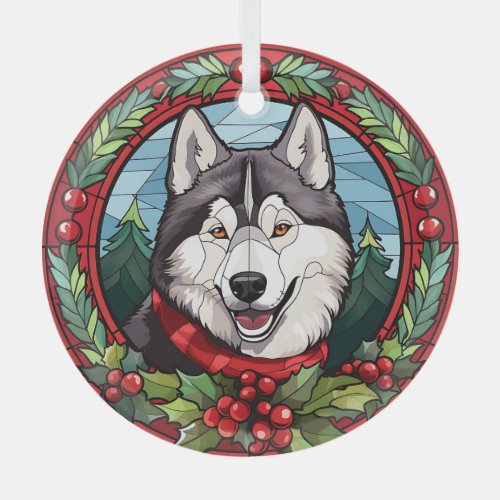 Holly Wreath Siberian Husky Dog Christmas Glass Ornament
