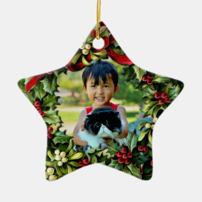Holly Wreath Star Photo Personalized Ornament (Front)