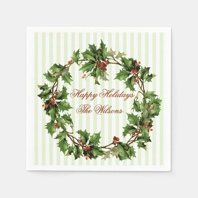 Holly Wreath Vintage Personalized Christmas Paper Napkins (Front)
