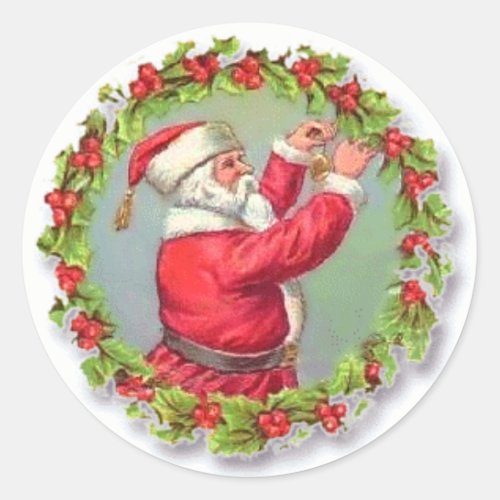 Holly Wreath Vintage Santa Christmas Holiday Classic Round Sticker