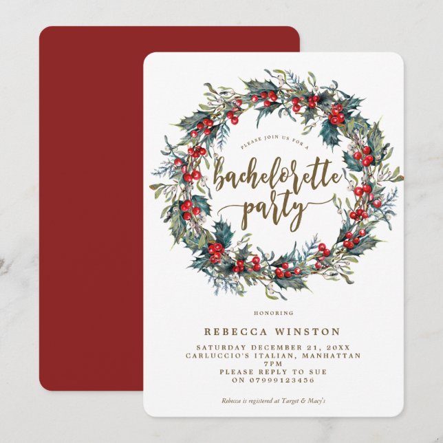 holly wreath winter bachelorette party invite (Front/Back)