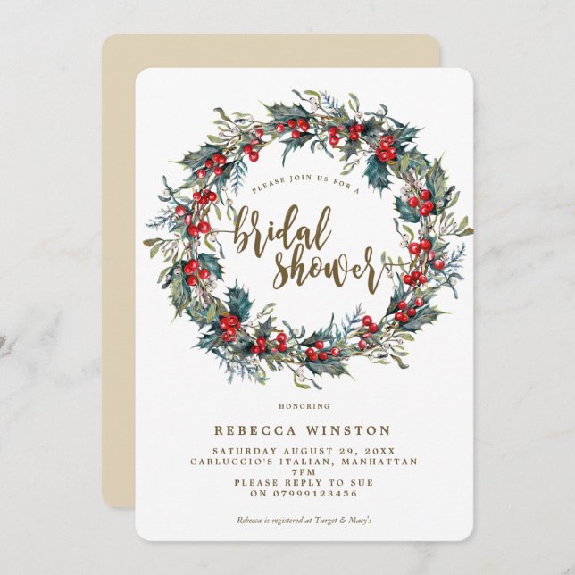 holly wreath winter bridal shower invite (Front/Back)